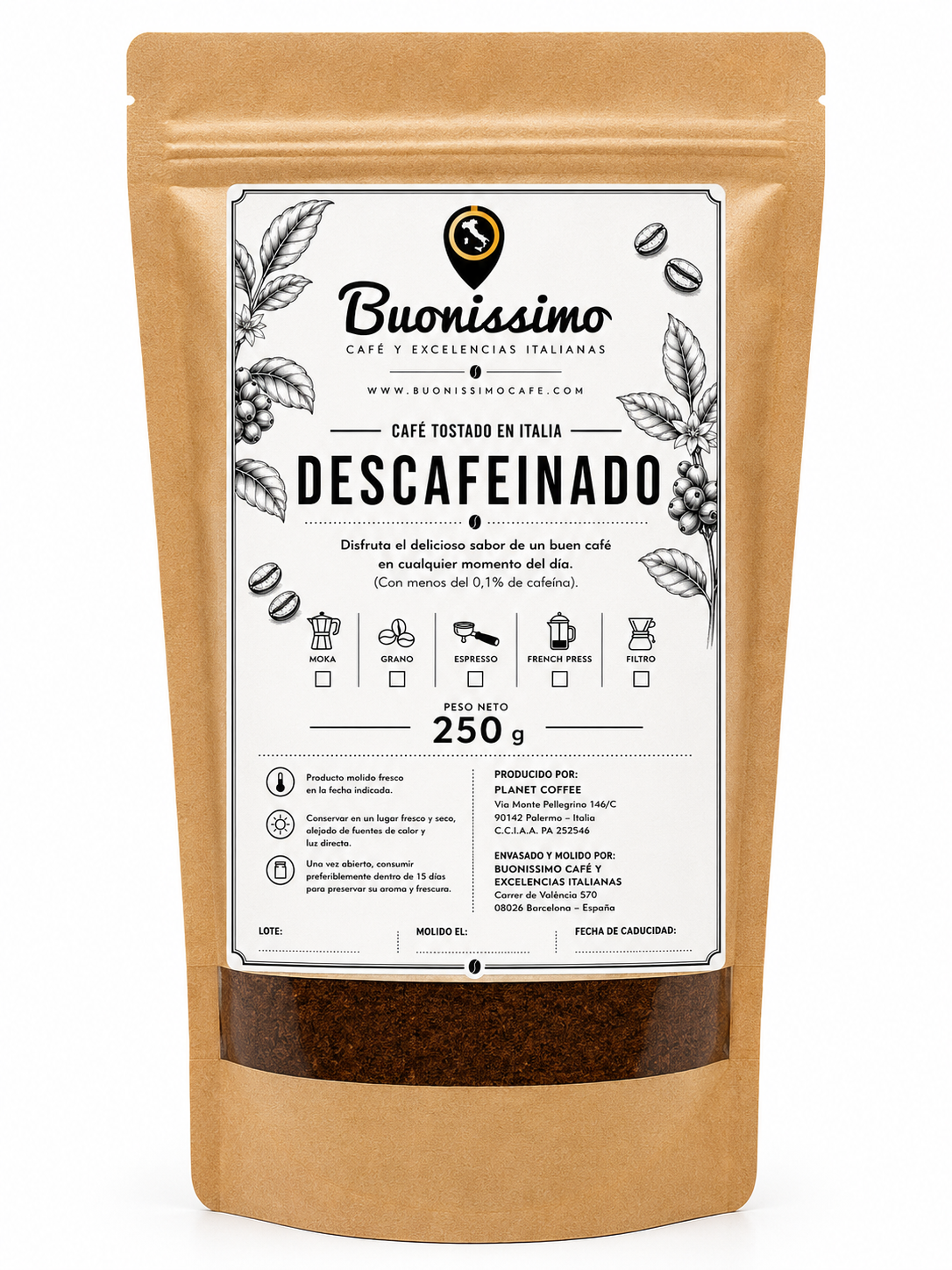 Café molido DESCAFEINADO 250 g Buonissimo Café