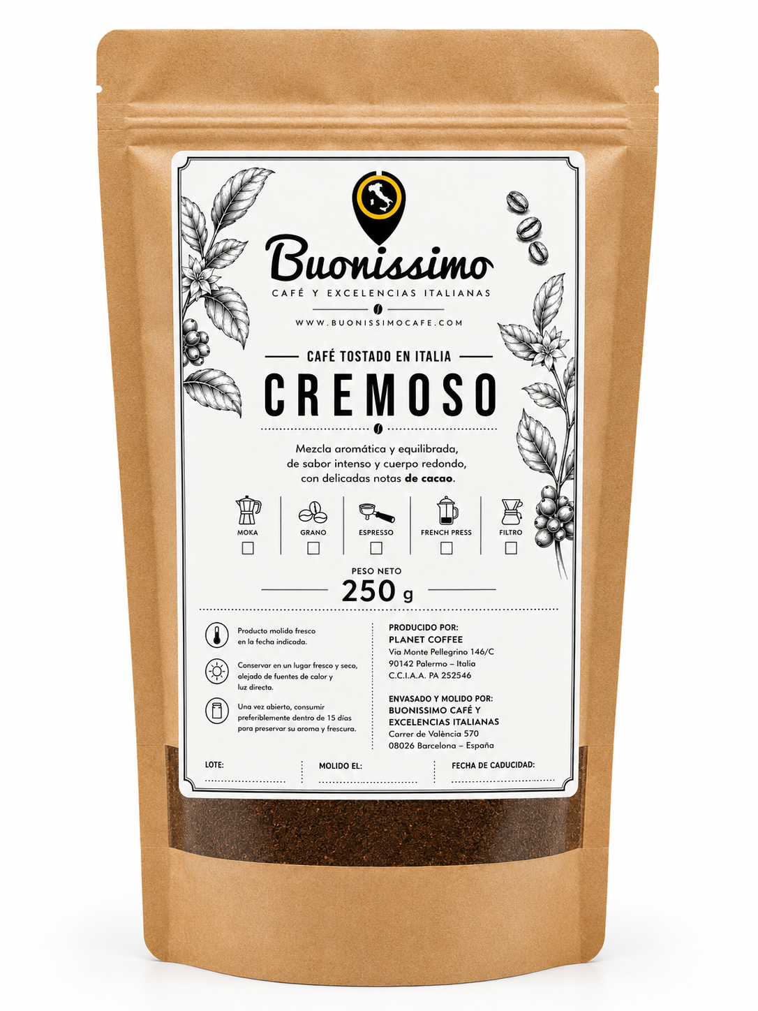 Café molido CREMOSO 250 g Buonissimo café